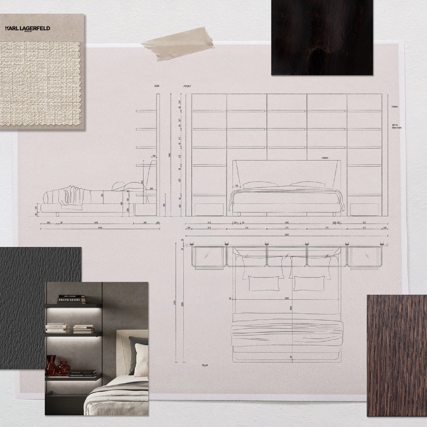 King Bed with Shelf System | Karl Lagerfeld Maison Saint-Germain | Italianfurniture.com