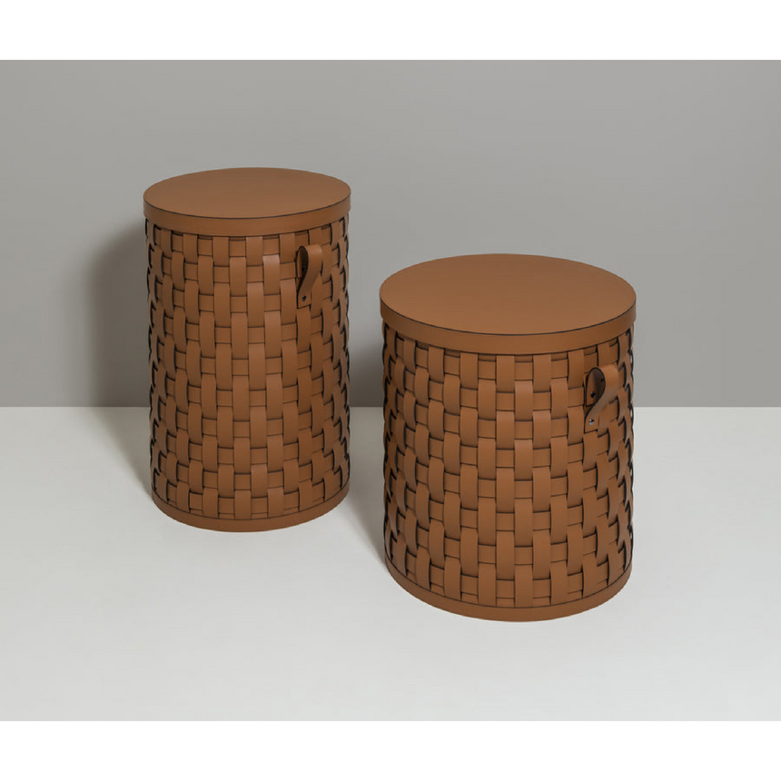 Lidded Woven Leather Short Basket | Pinetti Demetra | Italianfurniture.com