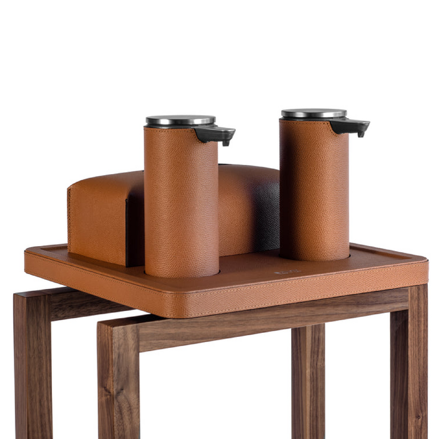Walnut Framed Leather Sanitizing Stand | Pinetti Igea | Italianfurniture.com