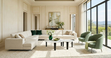 Italian modular sectional sofa in a modern living room with floor-to-ceiling windows.