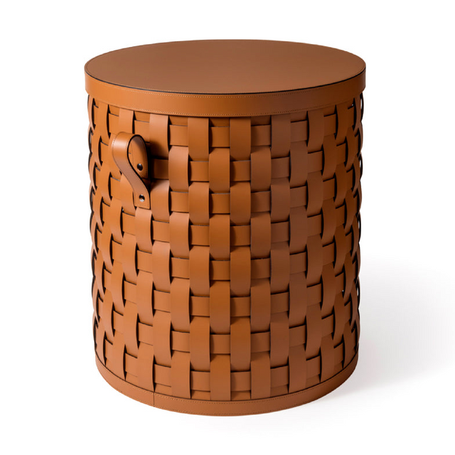 Lidded Woven Leather Short Basket | Pinetti Demetra | Italianfurniture.com
