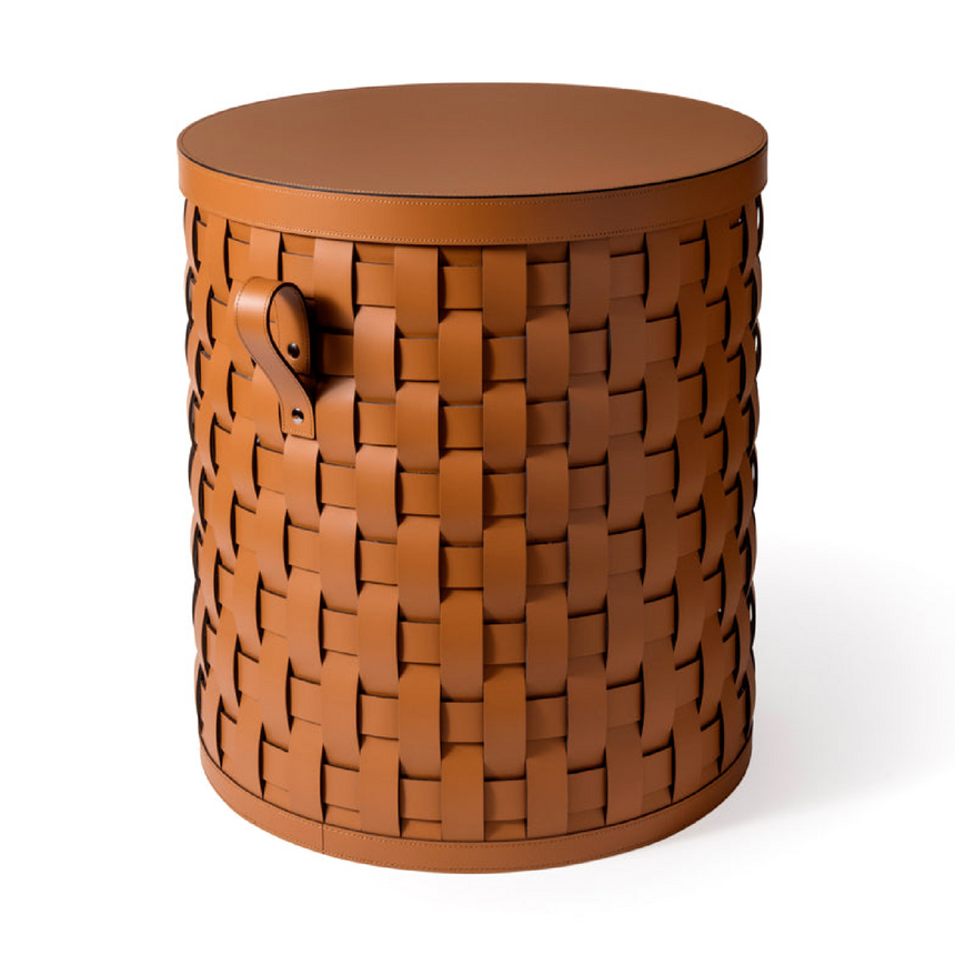 Lidded Woven Leather Short Basket | Pinetti Demetra | Italianfurniture.com