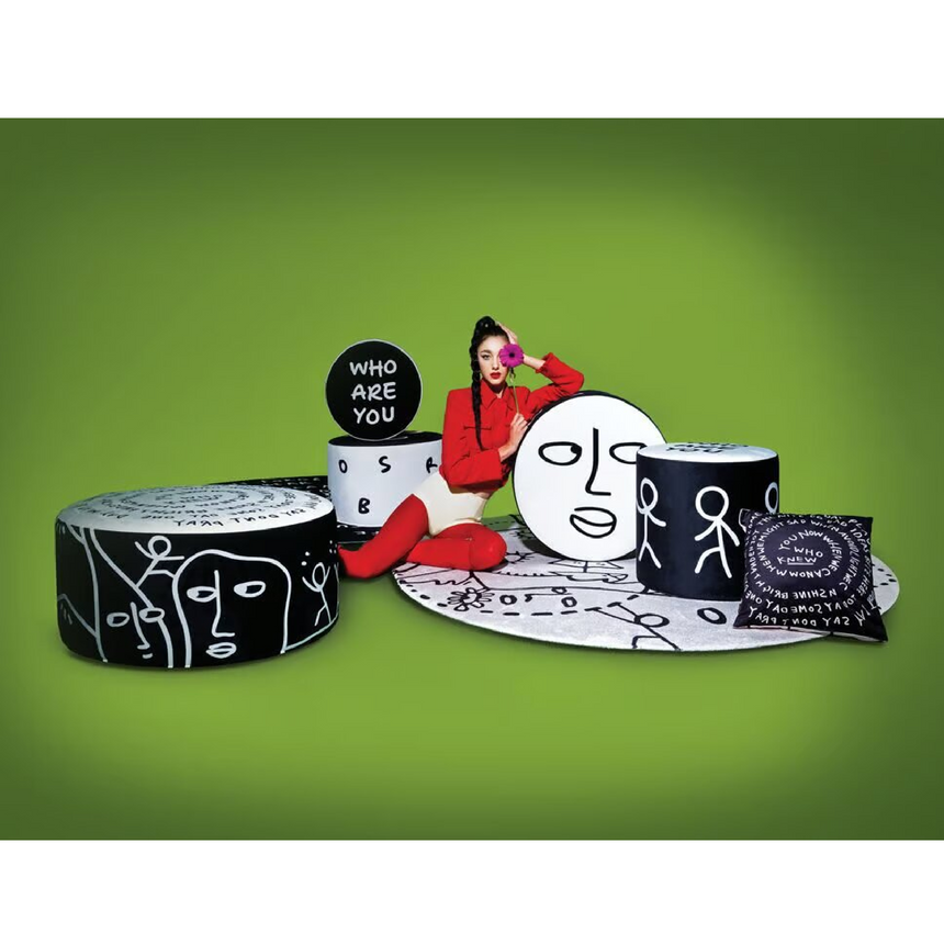 Stylized Drawings Round Pouf L | Qeeboo Dawn | Italianfurniture.com