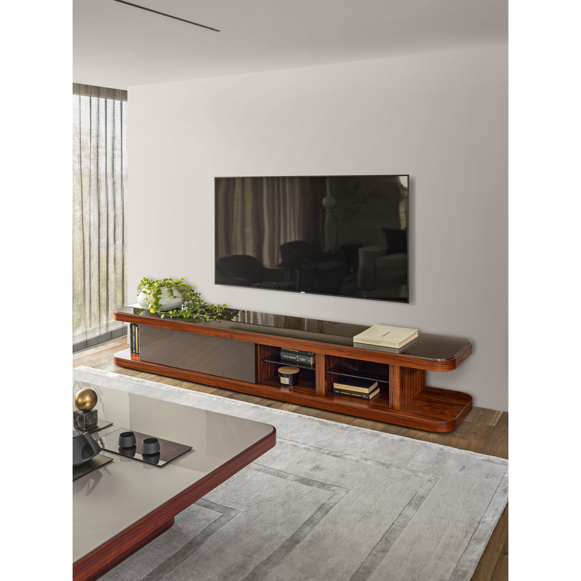 Curved Rectangular Media Unit with Bronze Shelves | Redeco Delano | ItalianFurniture.com