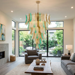 Feather-Shaped Glass 15-Light Chandelier | Villari Cher